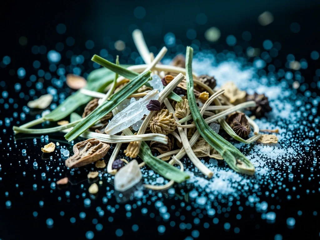 Crushed botanical root on dark glass