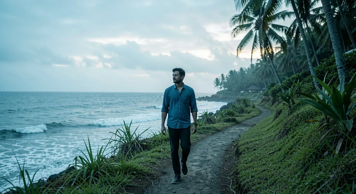 Man walking along a coastal path in Bali at dawn