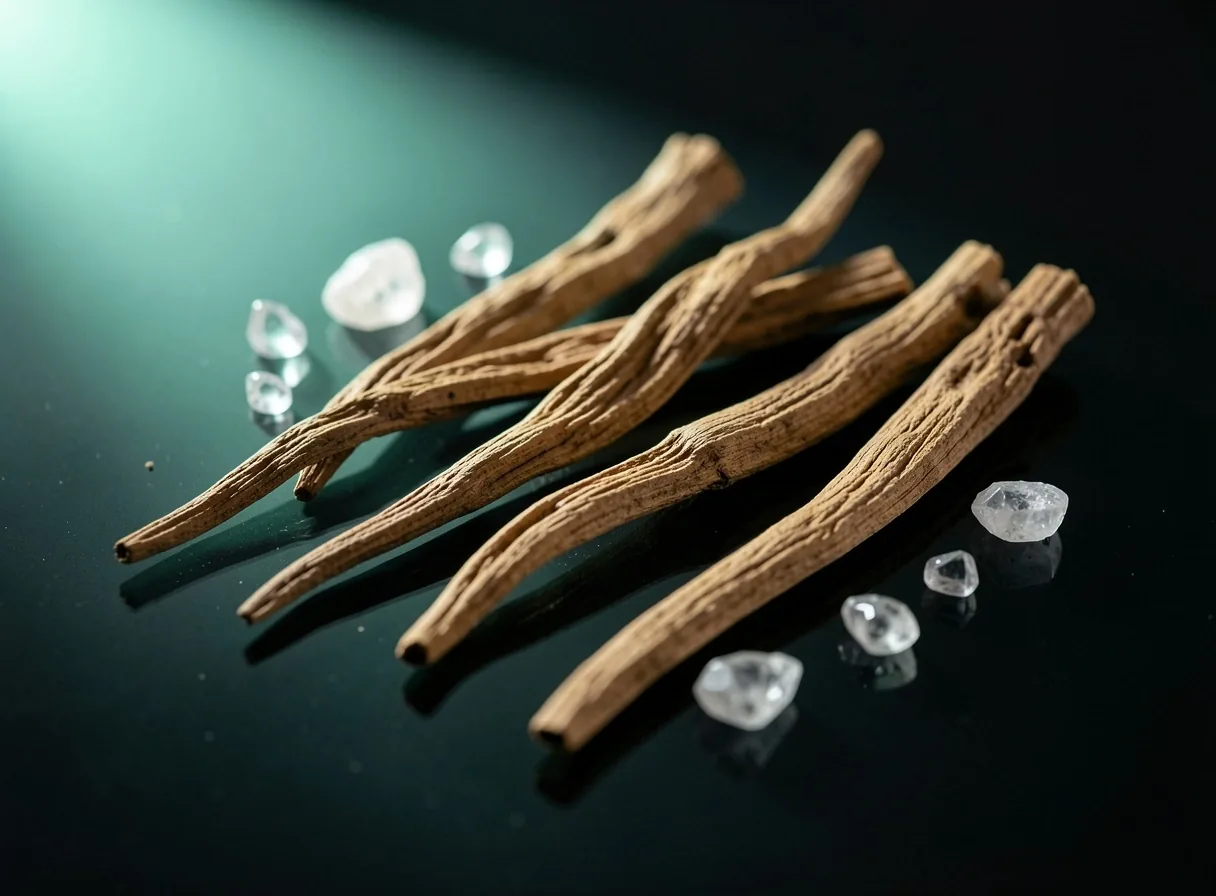 Mineral crystals and dried roots on black glass
