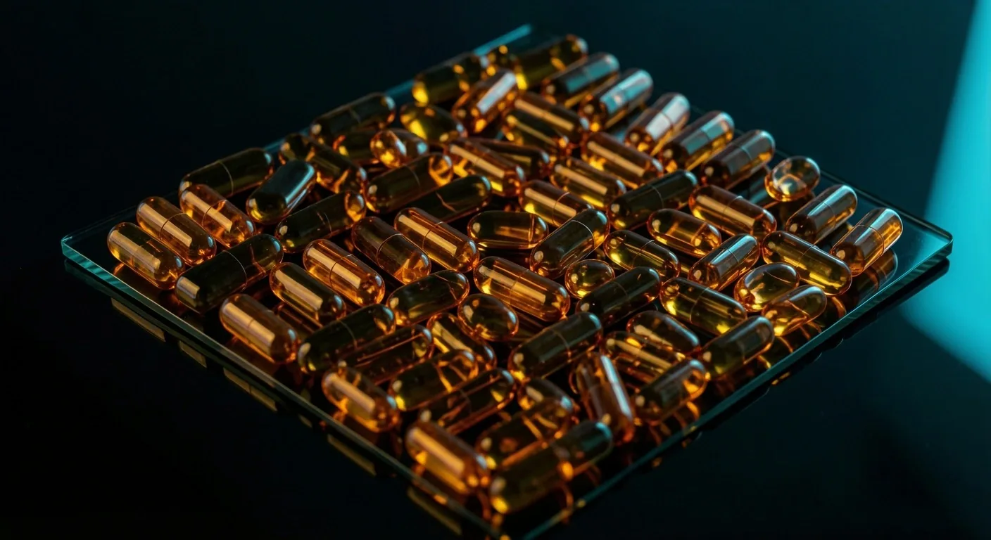 Amber supplement capsules arranged on black glass