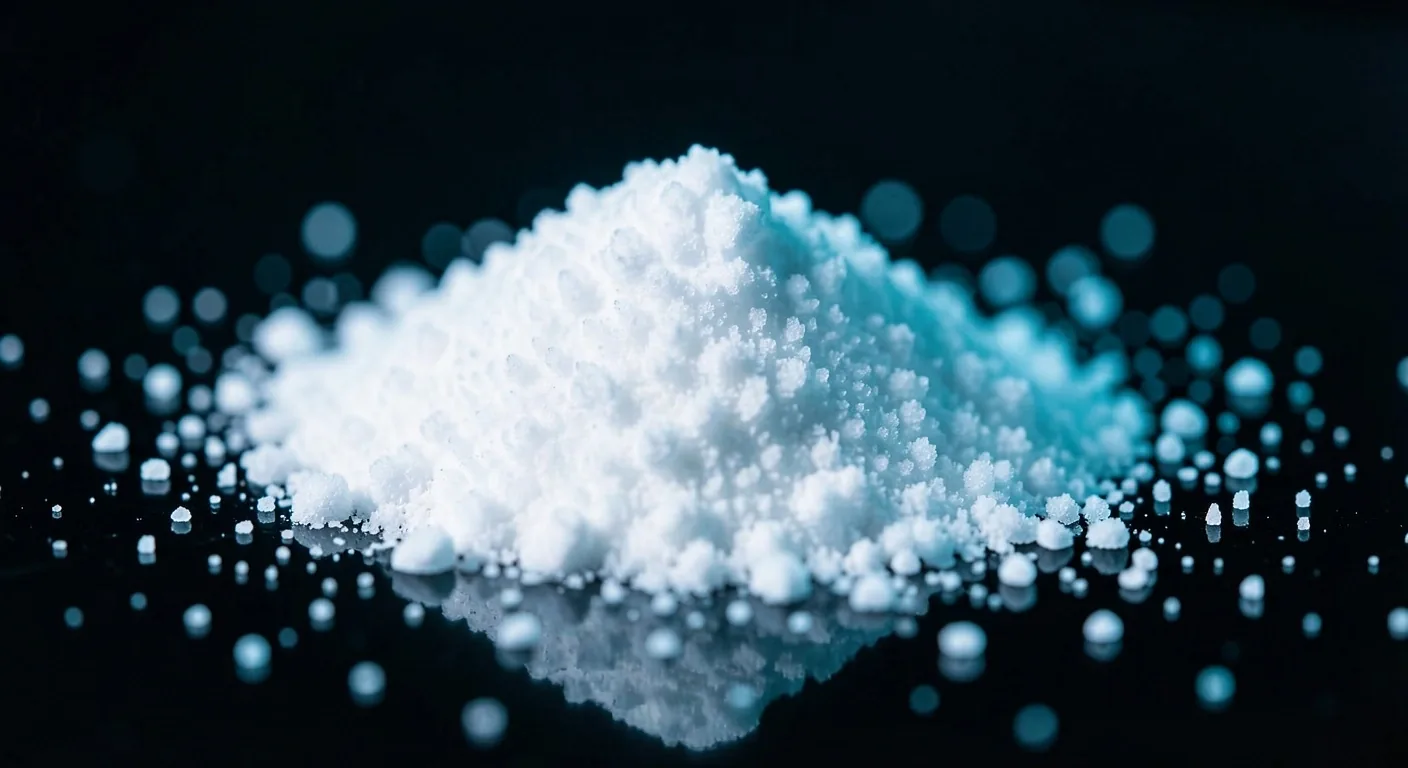 Macro photograph of crystalline amino acid powder on dark glass