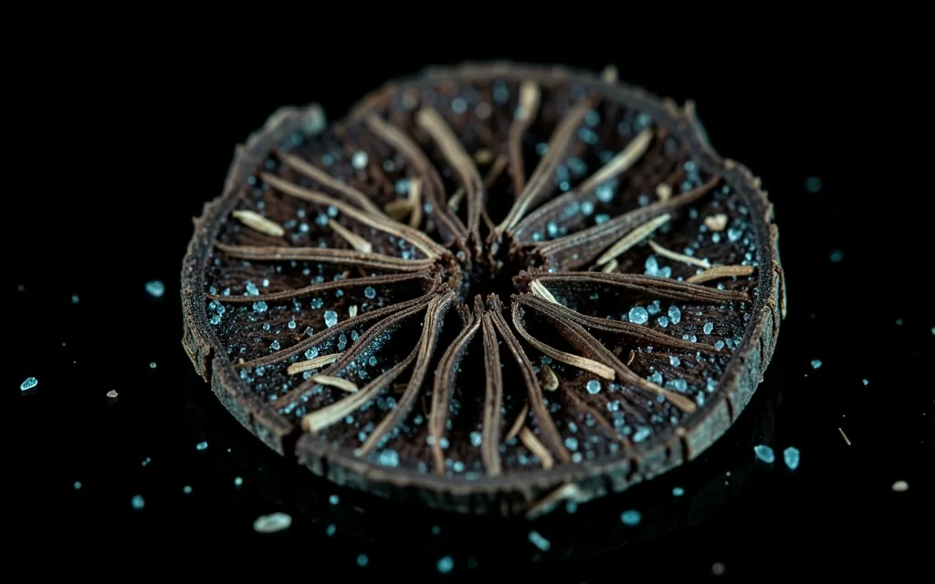 Macro photograph of a botanical root cross-section on dark glass