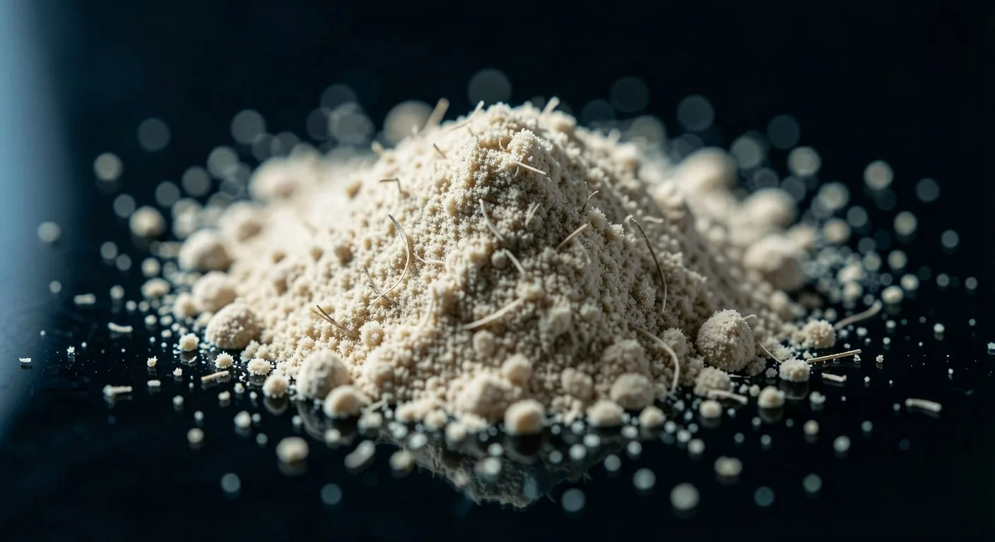 Macro photograph of ashwagandha root powder on dark glass