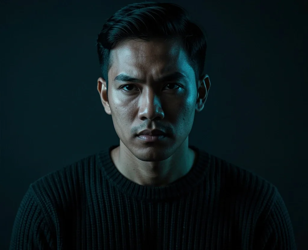 Portrait of a focused man in low-light conditions
