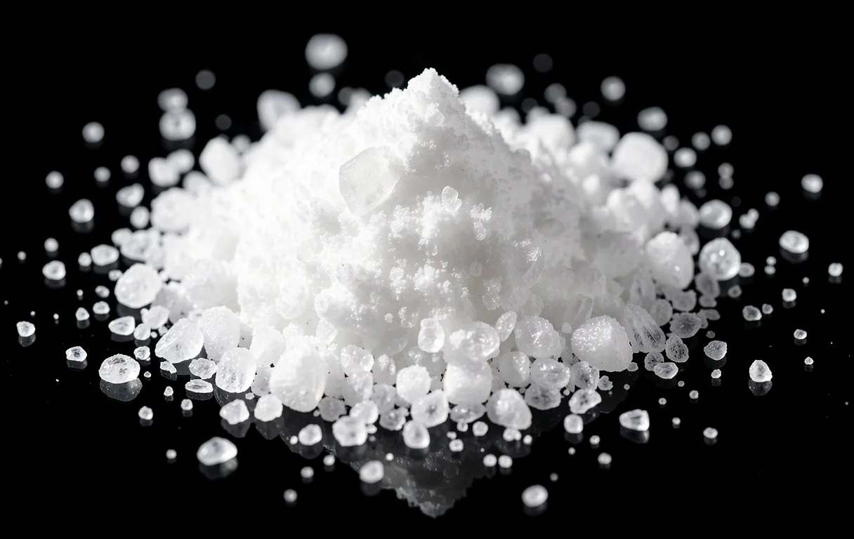 Crystalline mineral powder on dark glass