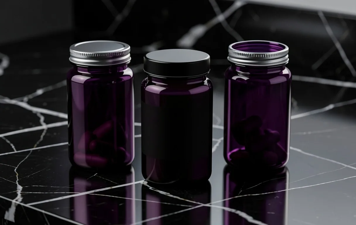 Supplement bottles on dark reflective surface