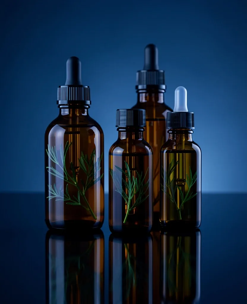Amber glass bottles on dark surface