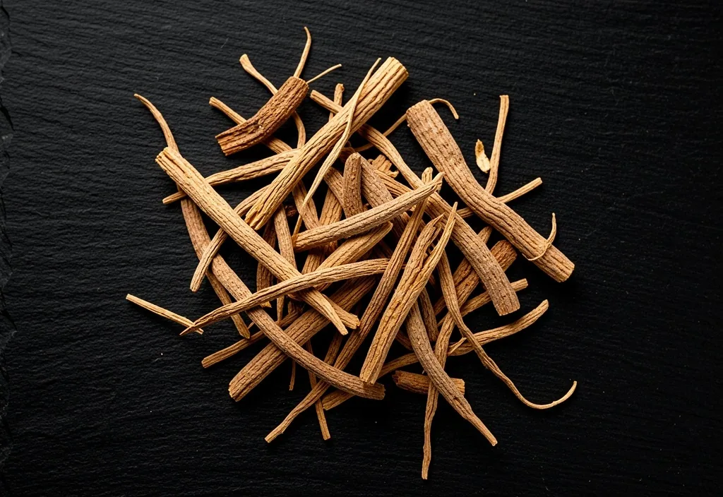 Crushed botanical root extract on dark surface