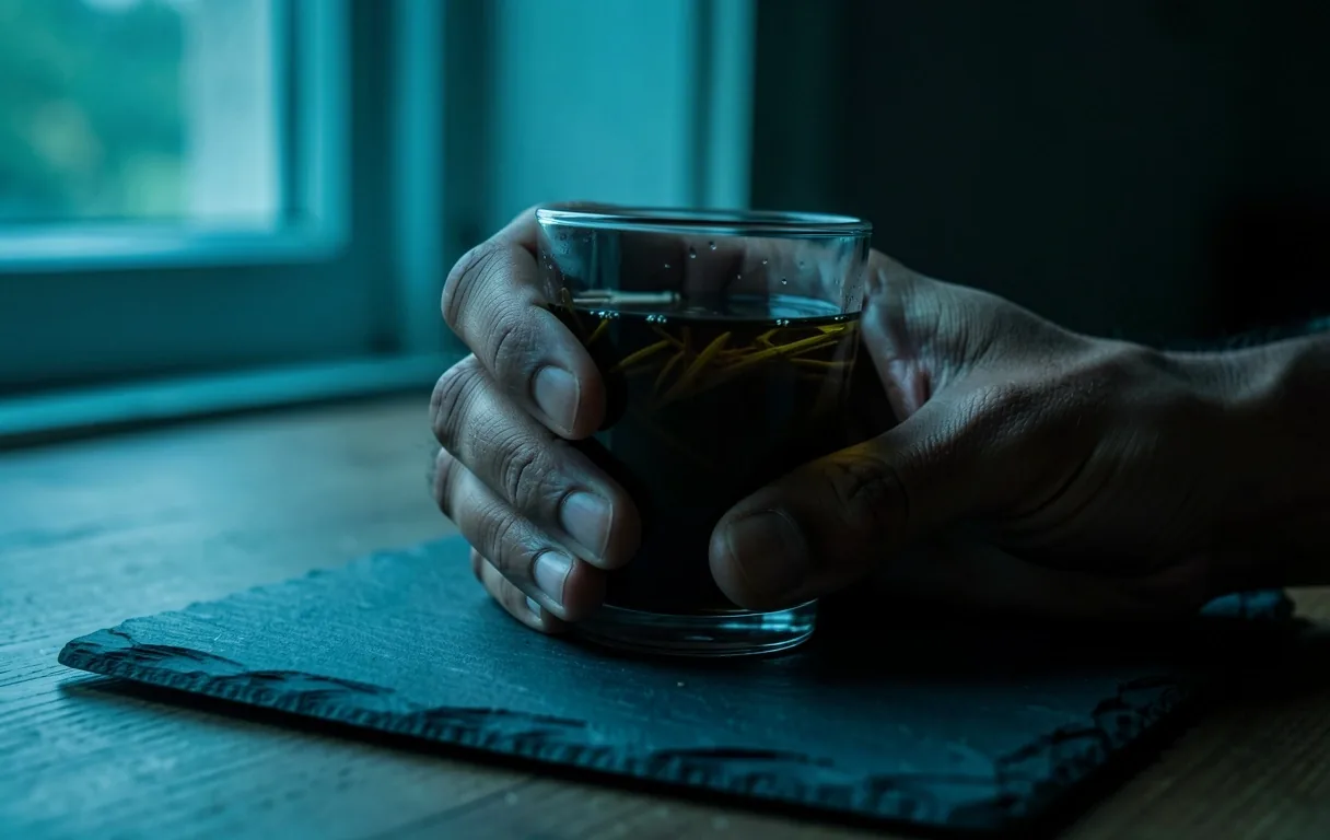 Hands holding herbal drink in low light