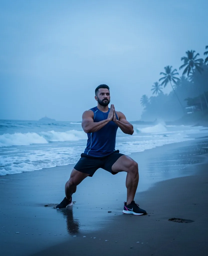 Man exercising on Bali beach at dawn