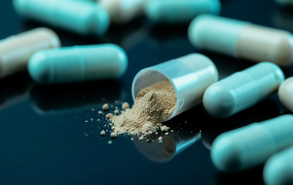 Natural supplement capsules on dark glass
