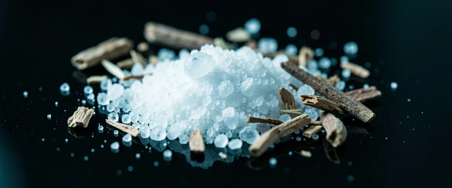 Macro view of mineral and botanical powder on dark glass