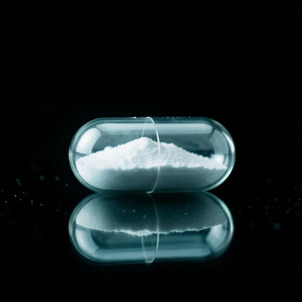 Clean vegetable capsule on dark glass surface