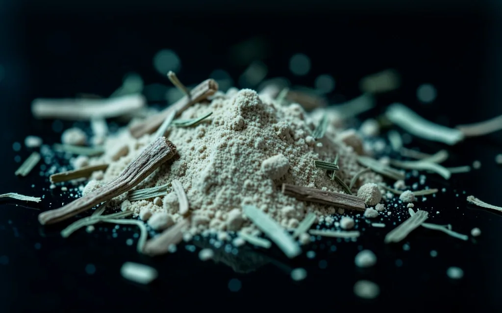 Crushed botanical root extract powder on dark surface