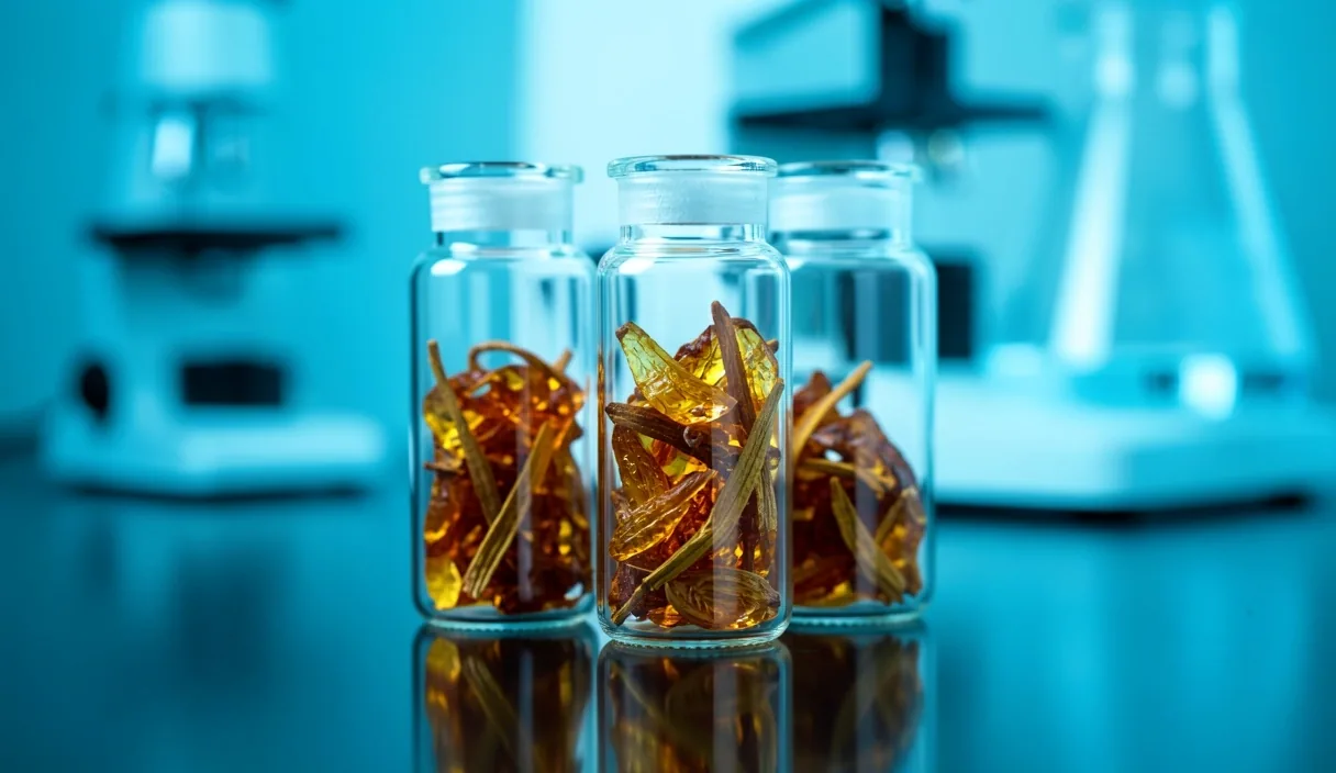 Laboratory vials with herbal extract samples for purity testing