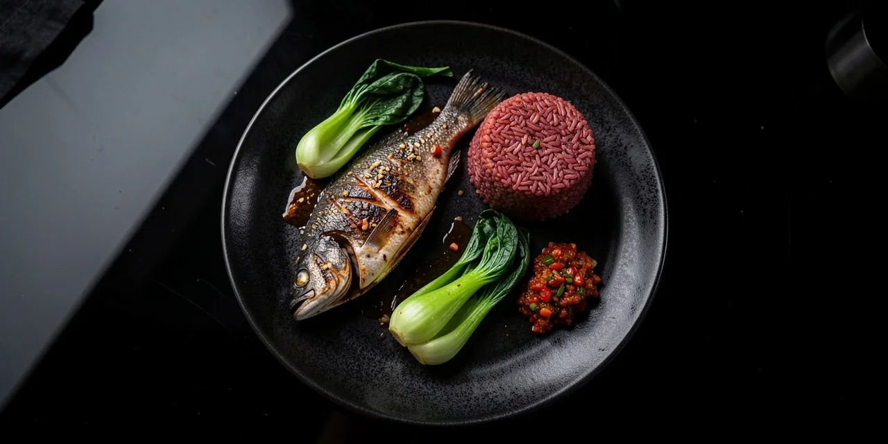 Balanced Indonesian meal plate with fish, rice, and vegetables
