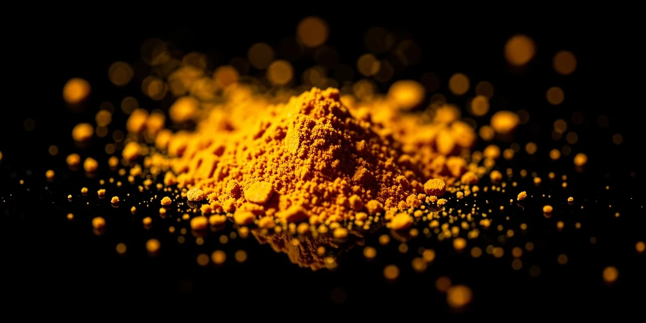 Fresh turmeric root powder on dark surface