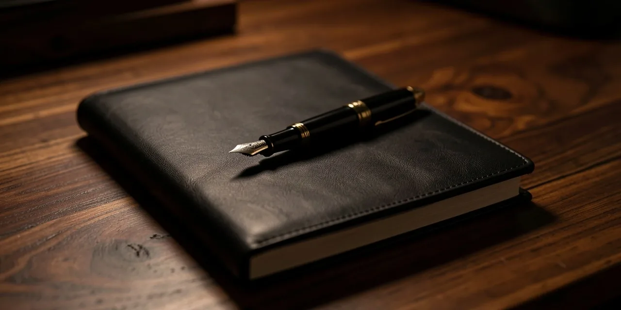 Simple journal and pen on dark desk